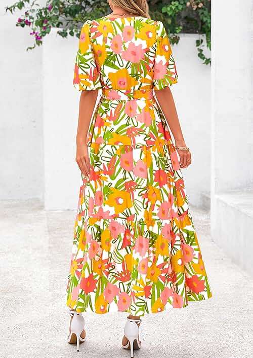 PRETTYGARDEN Women's Summer Maxi Dress 2026 Resort Wear Boho Floral V Neck Puff Short Sleeve Ruffle Flowy Beach Long Dresses - Image 2