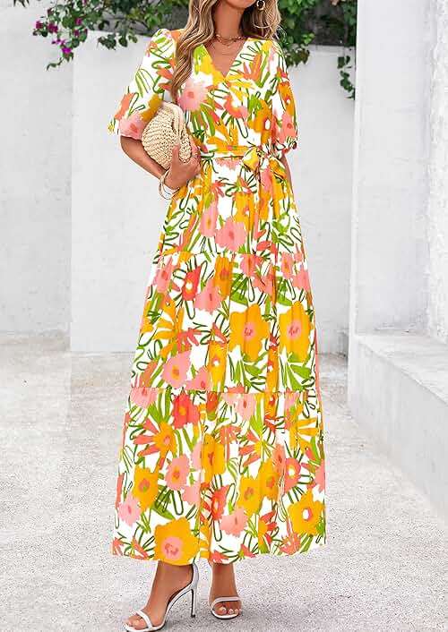 PRETTYGARDEN Women's Summer Maxi Dress 2026 Resort Wear Boho Floral V Neck Puff Short Sleeve Ruffle Flowy Beach Long Dresses - Image 3