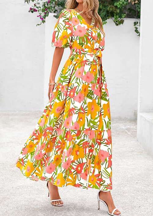 PRETTYGARDEN Women's Summer Maxi Dress 2026 Resort Wear Boho Floral V Neck Puff Short Sleeve Ruffle Flowy Beach Long Dresses - Image 4