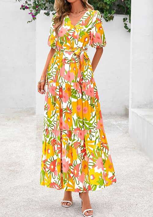 PRETTYGARDEN Women's Summer Maxi Dress 2026 Resort Wear Boho Floral V Neck Puff Short Sleeve Ruffle Flowy Beach Long Dresses - Image 5