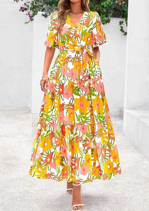 PRETTYGARDEN Women's Summer Maxi Dress 2026 Resort Wear Boho Floral V Neck Puff Short Sleeve Ruffle Flowy Beach Long Dresses - Image 6