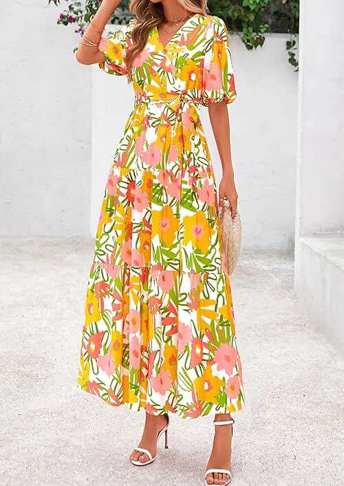 PRETTYGARDEN Women's Summer Maxi Dress 2026 Resort Wear Boho Floral V Neck Puff Short Sleeve Ruffle Flowy Beach Long Dresses - Image 7