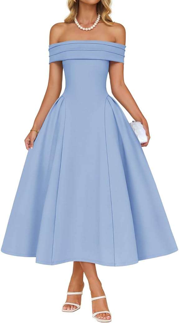 ZESICA Summer 2026 Cocktail Dresses for Women's Off Shoulder Short Sleeve Swing A Line Wedding Evening Party Midi Dress - Image 1