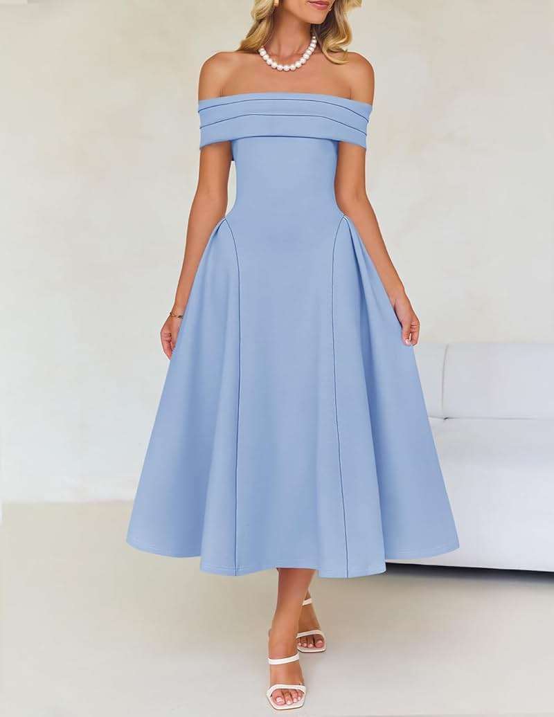 ZESICA Summer 2026 Cocktail Dresses for Women's Off Shoulder Short Sleeve Swing A Line Wedding Evening Party Midi Dress - Image 2