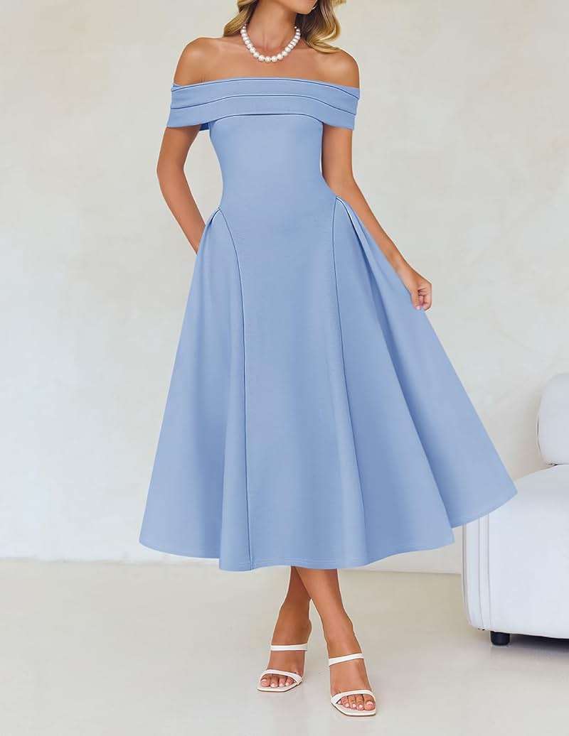 ZESICA Summer 2026 Cocktail Dresses for Women's Off Shoulder Short Sleeve Swing A Line Wedding Evening Party Midi Dress - Image 3