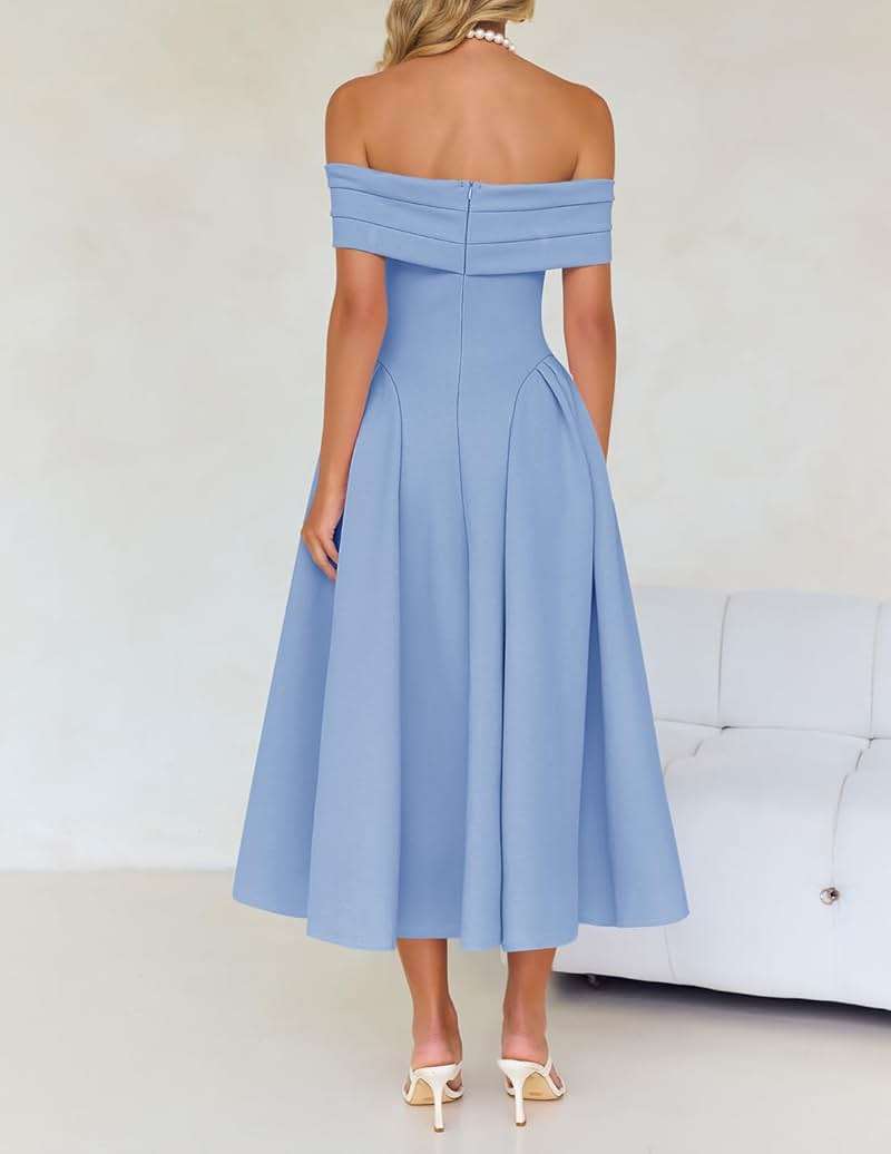 ZESICA Summer 2026 Cocktail Dresses for Women's Off Shoulder Short Sleeve Swing A Line Wedding Evening Party Midi Dress - Image 4