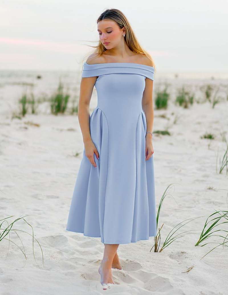 ZESICA Summer 2026 Cocktail Dresses for Women's Off Shoulder Short Sleeve Swing A Line Wedding Evening Party Midi Dress - Image 6