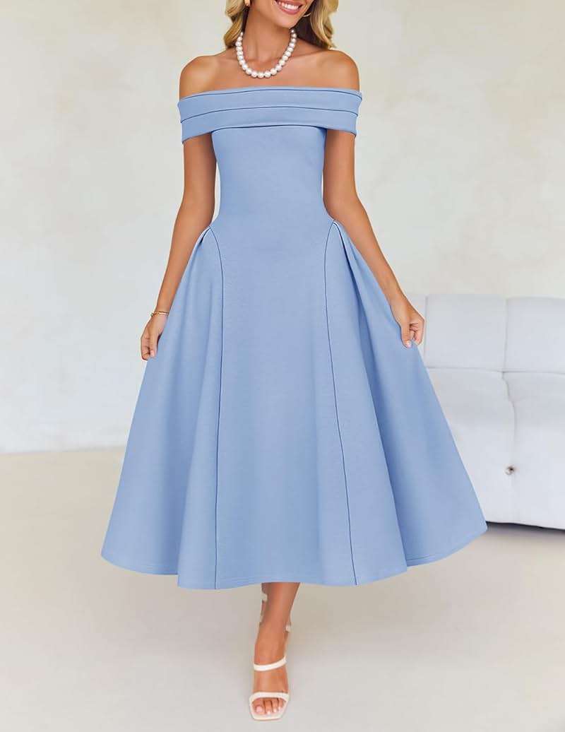 ZESICA Summer 2026 Cocktail Dresses for Women's Off Shoulder Short Sleeve Swing A Line Wedding Evening Party Midi Dress - Image 7