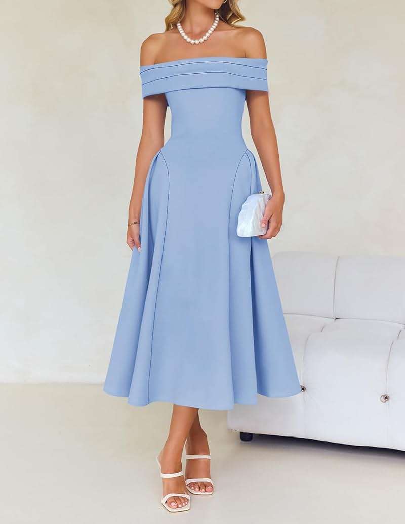 ZESICA Summer 2026 Cocktail Dresses for Women's Off Shoulder Short Sleeve Swing A Line Wedding Evening Party Midi Dress - Image 8
