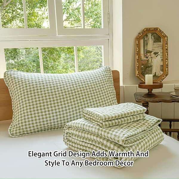 Sage Green Gingham Queen Quilt Set, Soft Pre-washed Microfiber Green Plaid Queen Bedspread, Lightweight Checked Summer Quilt, Grid Bedding Coverlets for All Seasons (Includes 1 Quilt, 2 Pillow Shams) - Image 4