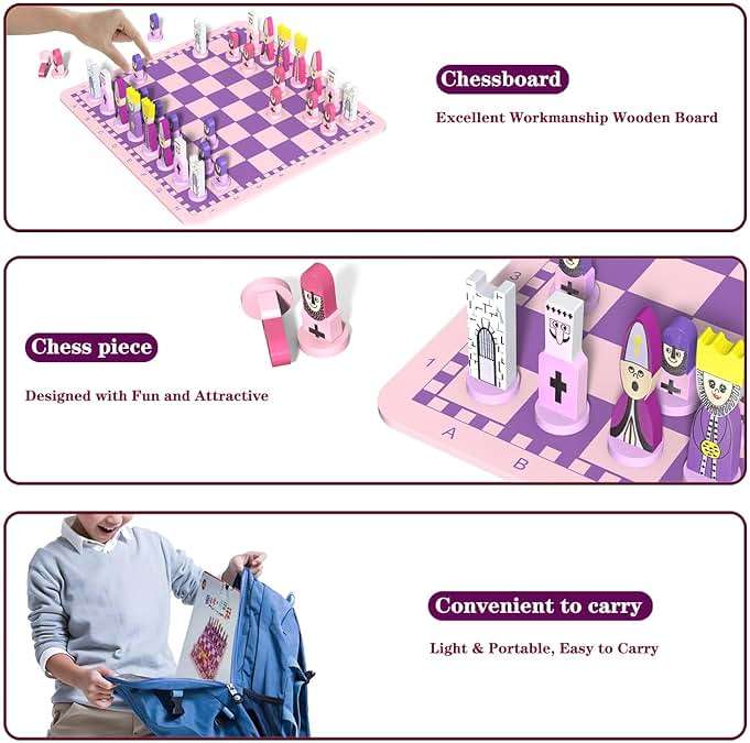 Cartoon Chess Set for Kids: JORMONY 11.8" Pink Chess Board Themed Chess Kids Chess Sets for Beginners No Stress Chess Wooden Board Games Educational Toy Boys Girls for Family School - Image 4