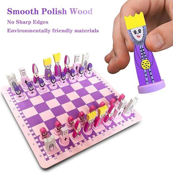 Cartoon Chess Set for Kids: JORMONY 11.8" Pink Chess Board Themed Chess Kids Chess Sets for Beginners No Stress Chess Wooden Board Games Educational Toy Boys Girls for Family School - Image 5