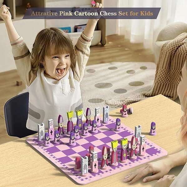 Cartoon Chess Set for Kids: JORMONY 11.8" Pink Chess Board Themed Chess Kids Chess Sets for Beginners No Stress Chess Wooden Board Games Educational Toy Boys Girls for Family School - Image 6
