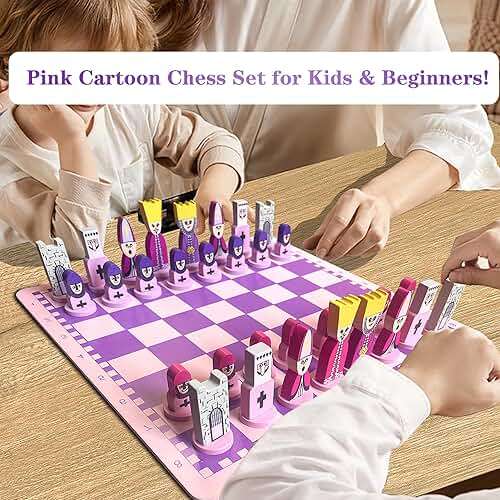 Cartoon Chess Set for Kids: JORMONY 11.8" Pink Chess Board Themed Chess Kids Chess Sets for Beginners No Stress Chess Wooden Board Games Educational Toy Boys Girls for Family School - Image 8
