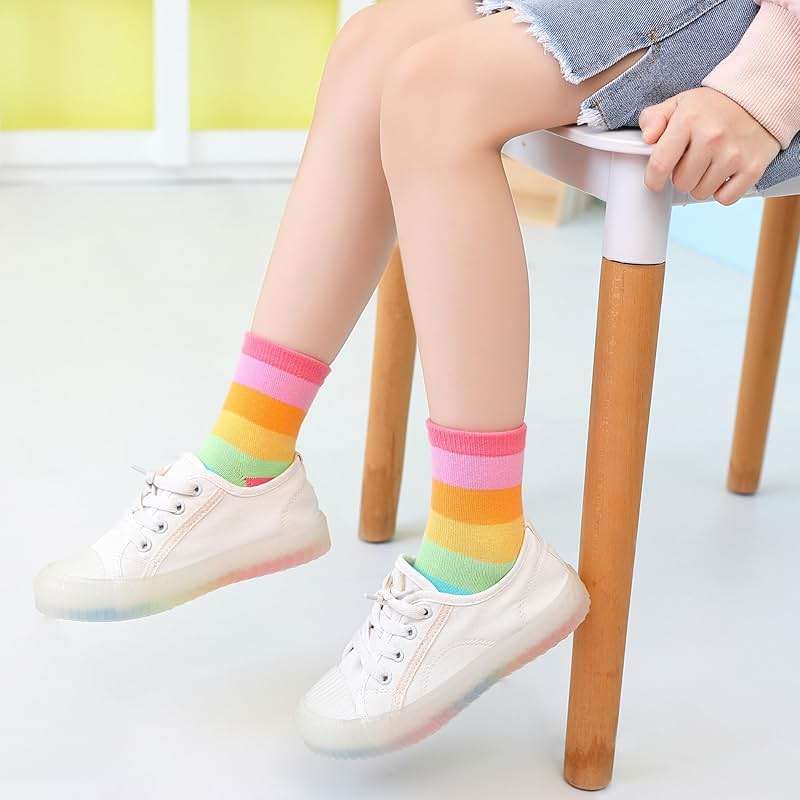 Girls Seamless Socks Rainbow Stripes Cotton Socks Kids Casual Athletic Socks For School - Image 4