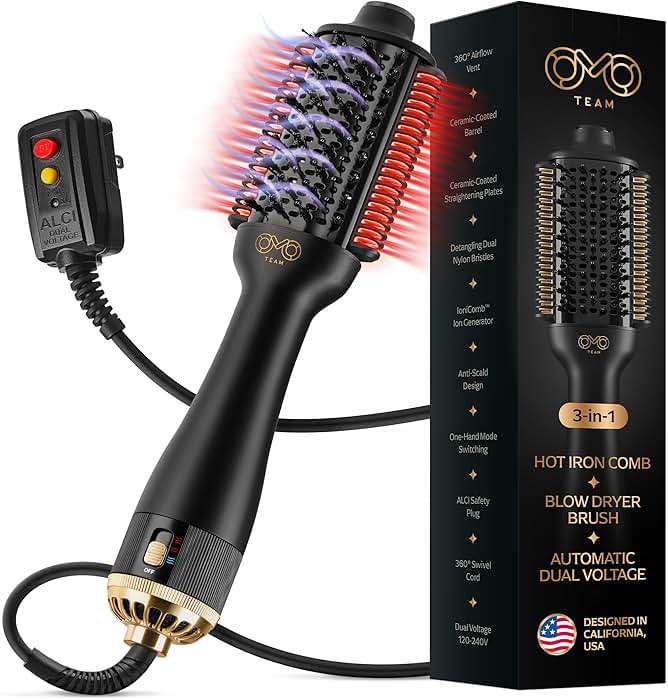 Automatic Dual Voltage Blowout Brush Hair Dryer, 4-in-1 Blow Drying Brush, Ionic Hair Straightener w/No Heat Damage, Light 1.3 lb Blowout Tool, Blow Dryer Curling Wand, Hot Air Styler for All Types - Image 1