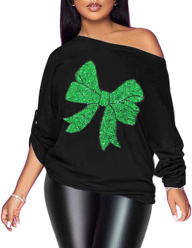 PESION Womens Off The Shoulder Tops Sexy Shiny Metallic Shirts Long Sleeves Fashion Graphic T-Shirts Blouses - Image 1