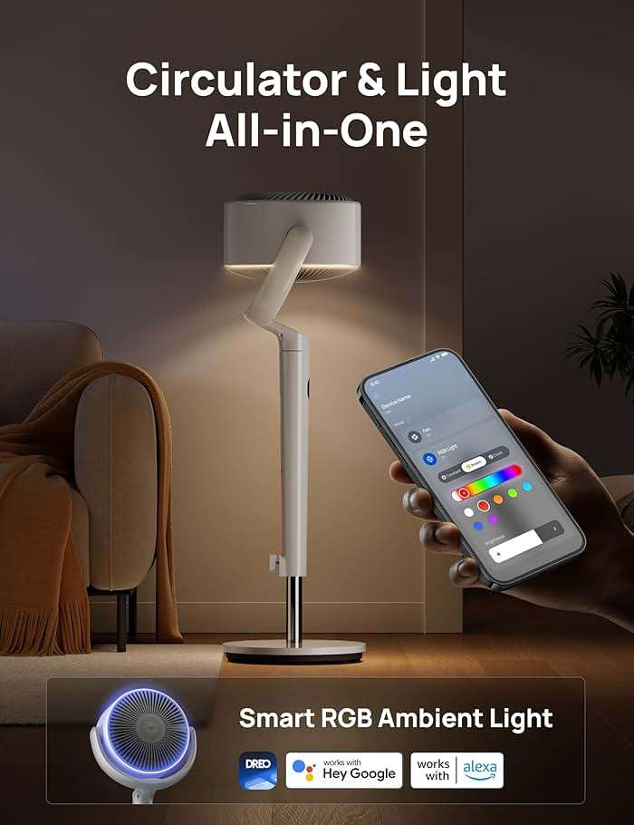 DREO Smart Fan for Bedroom, 120° +120° Omni-Directional Oscillating Fans, 100ft Quiet Pedestal Fan with RGB Light, 9 Speeds, 6 Modes, 20dB, 8H Timer, Wi-Fi/Voice/Alexa, 35-40" Floor Fans with Remote - Image 5