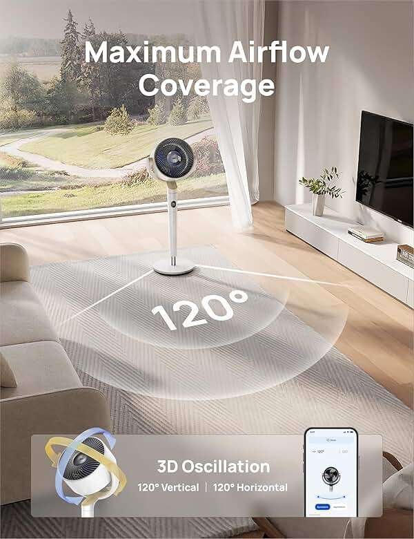 DREO Smart Fan for Bedroom, 120° +120° Omni-Directional Oscillating Fans, 100ft Quiet Pedestal Fan with RGB Light, 9 Speeds, 6 Modes, 20dB, 8H Timer, Wi-Fi/Voice/Alexa, 35-40" Floor Fans with Remote - Image 7