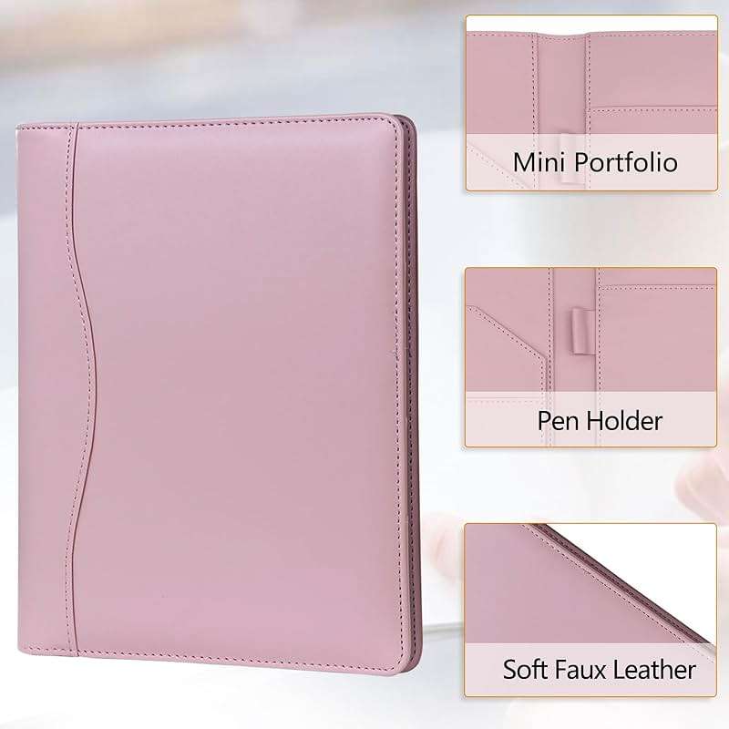 Leather Portfolio Binder 5 x 8, Mini Soft Leather Padfolio A5 Business Binder Legal Writing Pad Junior Size Document Organizer for Present Gift Kid Men Women Pink - Image 5