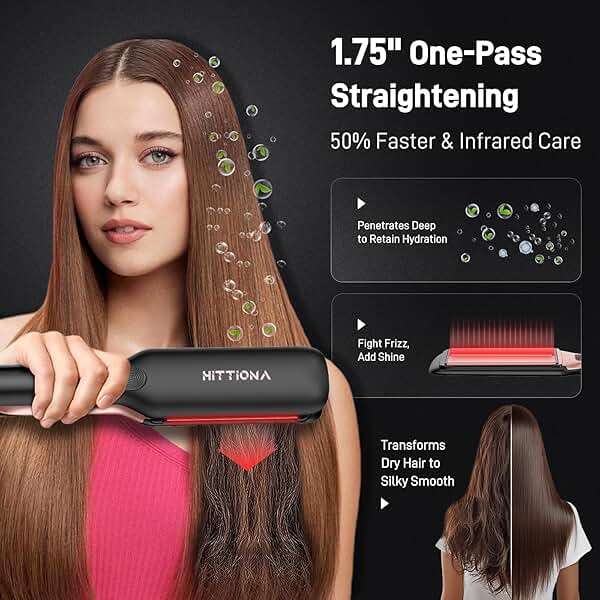 HITTIONA Flat Iron Hair Straightener – 1.75” Ceramic Infrared Ionic Flat Iron with 5s Fast Heat-Up, Vibration Technology, LCD Temp Control, Dual Voltage, Anti-Frizz Styling for All Hair Types - Image 3