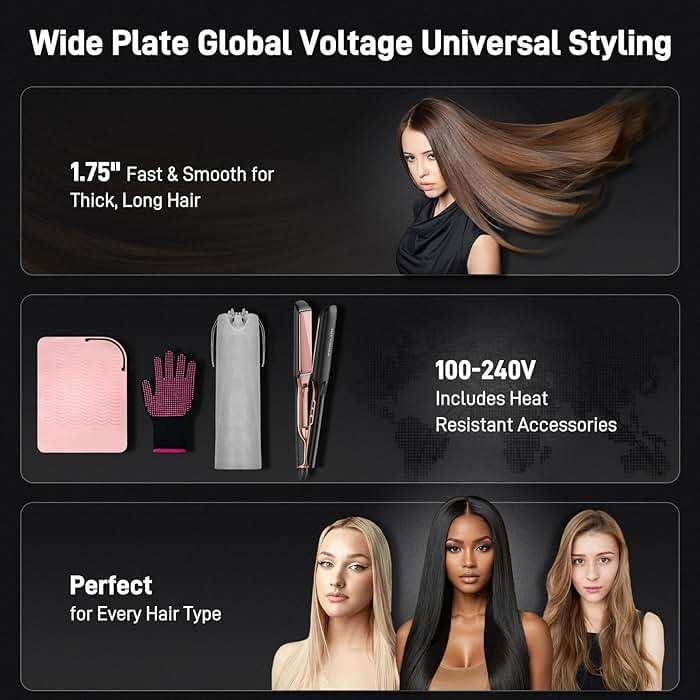 HITTIONA Flat Iron Hair Straightener – 1.75” Ceramic Infrared Ionic Flat Iron with 5s Fast Heat-Up, Vibration Technology, LCD Temp Control, Dual Voltage, Anti-Frizz Styling for All Hair Types - Image 5