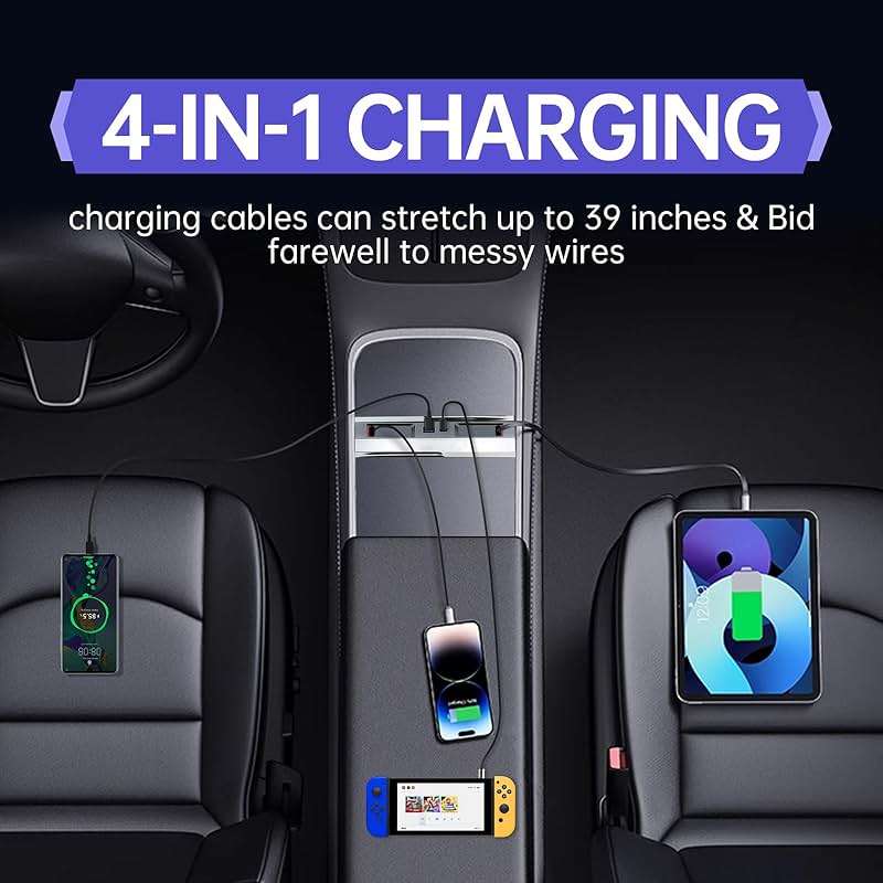 USB Hub for Tesla Model Y Juniper 2025 2026 Model 3 Highland 2024 2025 with Sliding Cover, 119W Multi Ports Fast Charger Waterproof Docking Station with Retractable Cables fit Center Console - Image 5