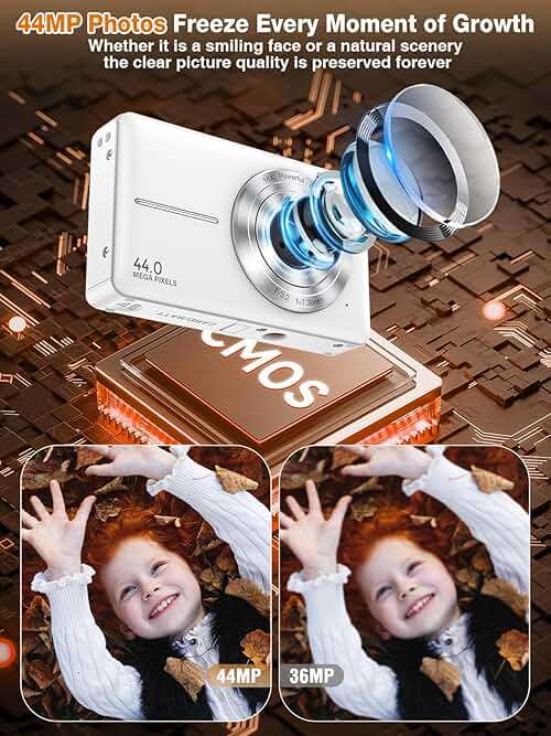 Digital Camera,FHD 1080P Kids Camera 44MP Point and Shoot Digital Cameras with 32GB Card,16X Zoom,Anti-Shake,Date Stamp,Compact Small Cameras Photography for Kids Student Teen Girl Boy(White) - Image 2