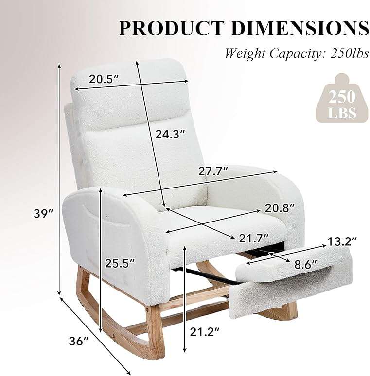 NIOIIKIT Oversized Nursery Rocking Chair, Teddy Upholstered Glider Chair with Footrest, Large Glider Rocker with Side Pocket, Rocking Accent Chair, Glider Recliner for Living Room (White Teddy) - Image 2