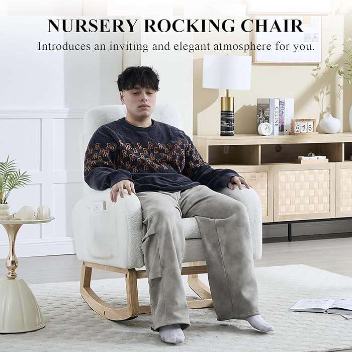 NIOIIKIT Oversized Nursery Rocking Chair, Teddy Upholstered Glider Chair with Footrest, Large Glider Rocker with Side Pocket, Rocking Accent Chair, Glider Recliner for Living Room (White Teddy) - Image 3