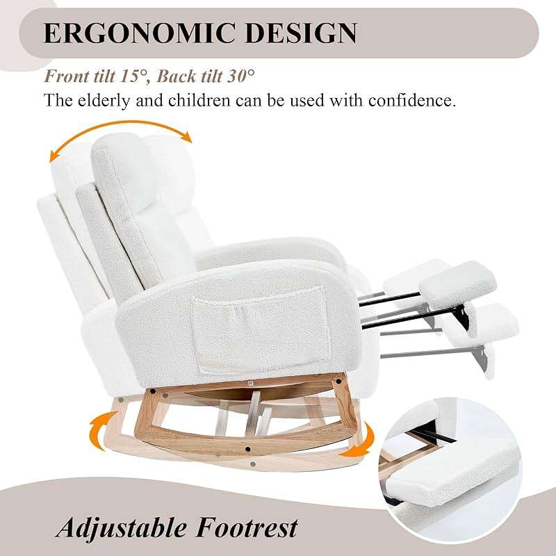 NIOIIKIT Oversized Nursery Rocking Chair, Teddy Upholstered Glider Chair with Footrest, Large Glider Rocker with Side Pocket, Rocking Accent Chair, Glider Recliner for Living Room (White Teddy) - Image 4