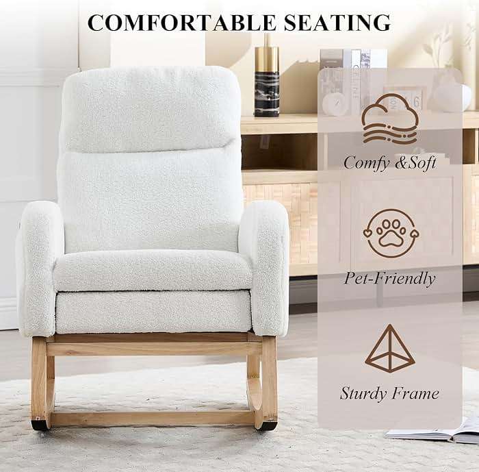 NIOIIKIT Oversized Nursery Rocking Chair, Teddy Upholstered Glider Chair with Footrest, Large Glider Rocker with Side Pocket, Rocking Accent Chair, Glider Recliner for Living Room (White Teddy) - Image 6