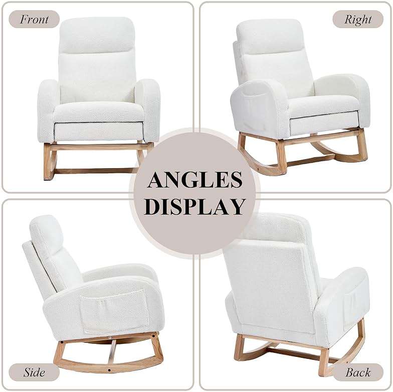 NIOIIKIT Oversized Nursery Rocking Chair, Teddy Upholstered Glider Chair with Footrest, Large Glider Rocker with Side Pocket, Rocking Accent Chair, Glider Recliner for Living Room (White Teddy) - Image 7