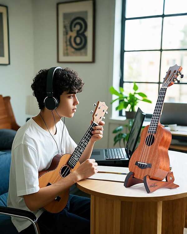 Musbeat Ukulele Stand, Foldable Ukelele Stand for Travel, Rabbit Shape Mahogany Wood Ukulele Holder for Concert Pineapple Soprano Tenor and Baritone, or Violin, Wooden Floor Ukele Holder for Home - Image 4