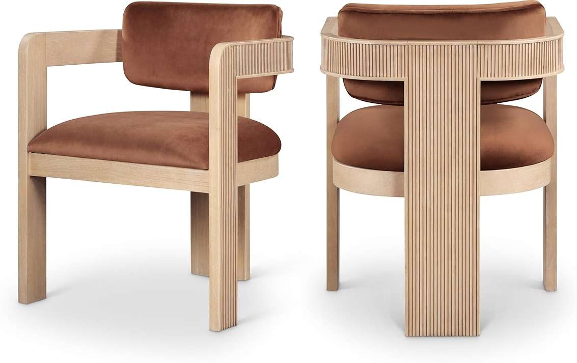 Meridian Furniture Sacha Collection Art Deco Dining Chair, Solid Fluted Wood, 22.5" W x 22" D x 31" H, Set of 2 (Cognac, Natural Finish, Velvet) - Image 1