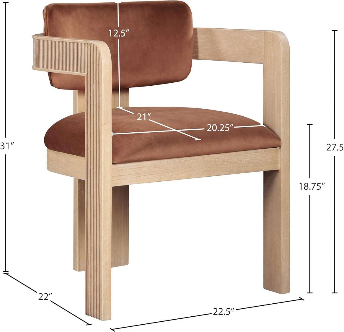 Meridian Furniture Sacha Collection Art Deco Dining Chair, Solid Fluted Wood, 22.5" W x 22" D x 31" H, Set of 2 (Cognac, Natural Finish, Velvet) - Image 3