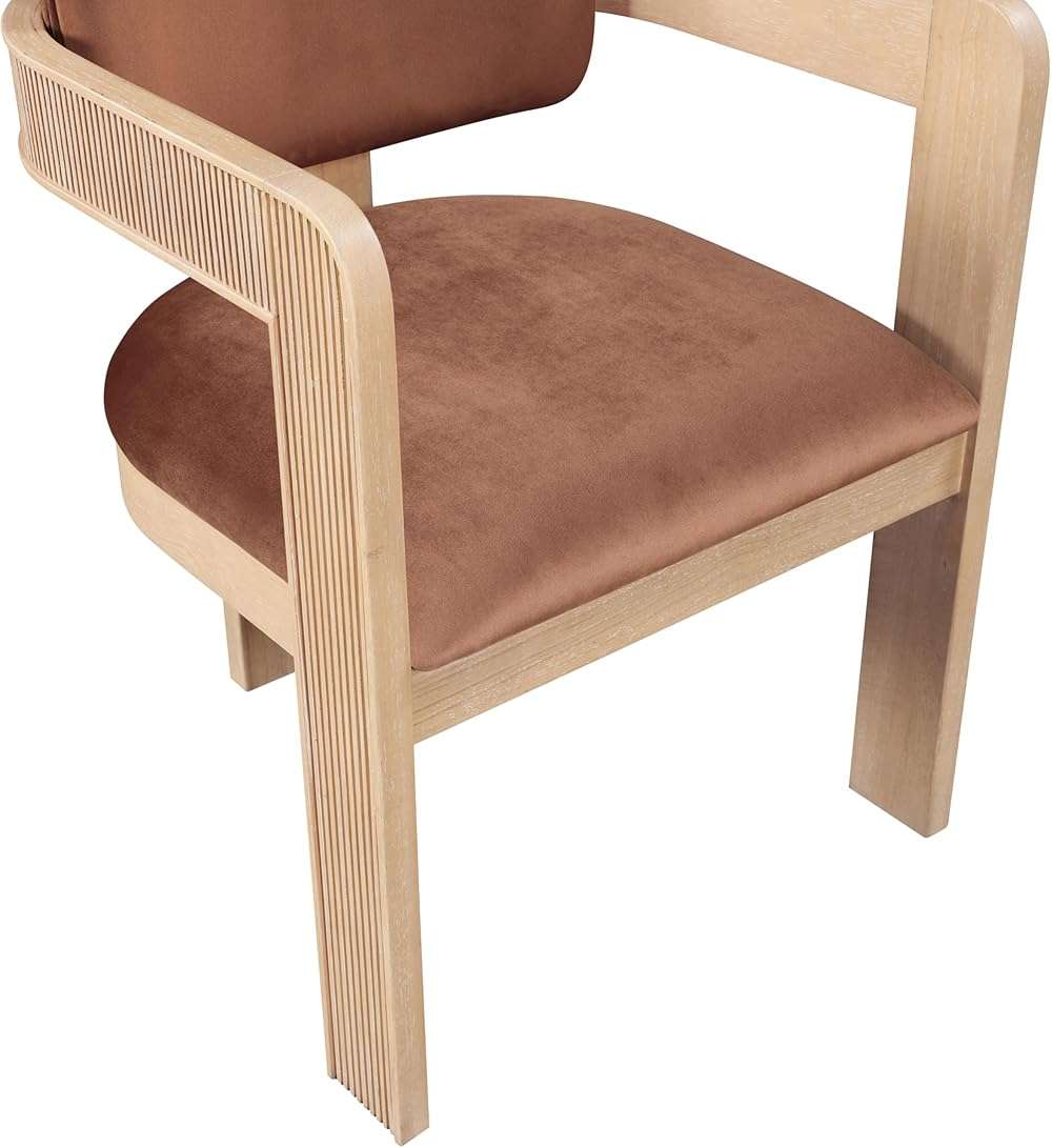 Meridian Furniture Sacha Collection Art Deco Dining Chair, Solid Fluted Wood, 22.5" W x 22" D x 31" H, Set of 2 (Cognac, Natural Finish, Velvet) - Image 9