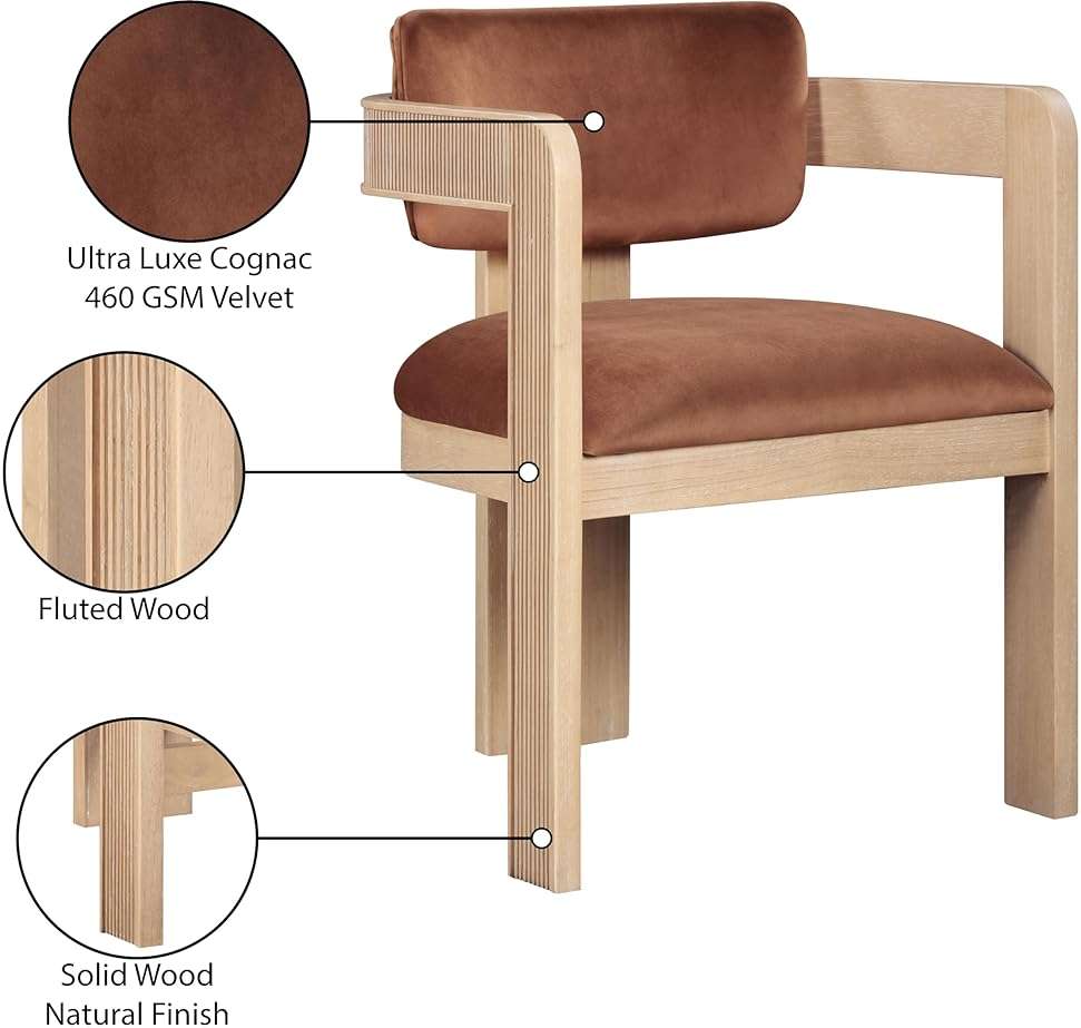 Meridian Furniture Sacha Collection Art Deco Dining Chair, Solid Fluted Wood, 22.5" W x 22" D x 31" H, Set of 2 (Cognac, Natural Finish, Velvet) - Image 10