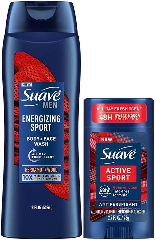 Suave Men’s Body Wash, Active Sport + Antiperspirant Deodorant for Men, Active Sport, Bergamot & Wood, 48H Sweat & Odor Protection (2 Piece Set) - Image 1