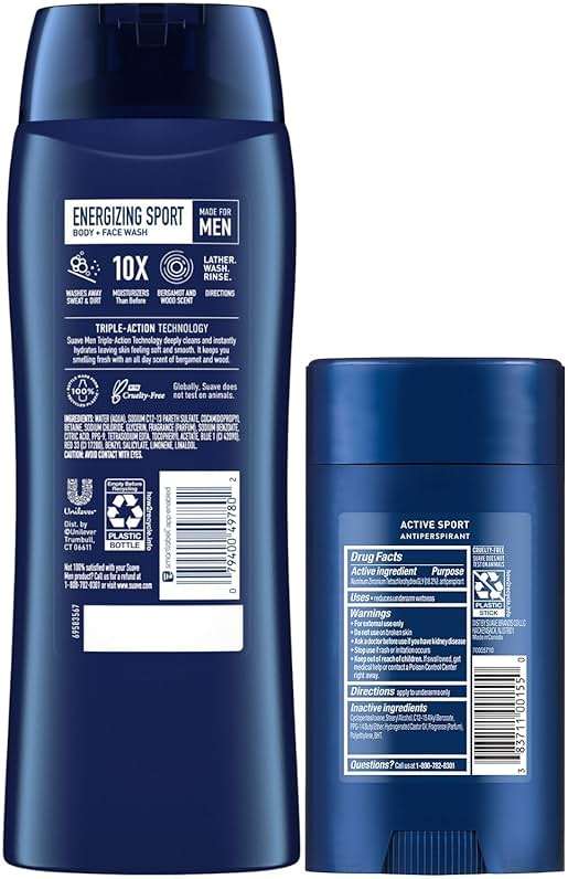 Suave Men’s Body Wash, Active Sport + Antiperspirant Deodorant for Men, Active Sport, Bergamot & Wood, 48H Sweat & Odor Protection (2 Piece Set) - Image 2