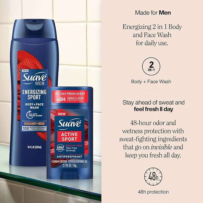 Suave Men’s Body Wash, Active Sport + Antiperspirant Deodorant for Men, Active Sport, Bergamot & Wood, 48H Sweat & Odor Protection (2 Piece Set) - Image 3