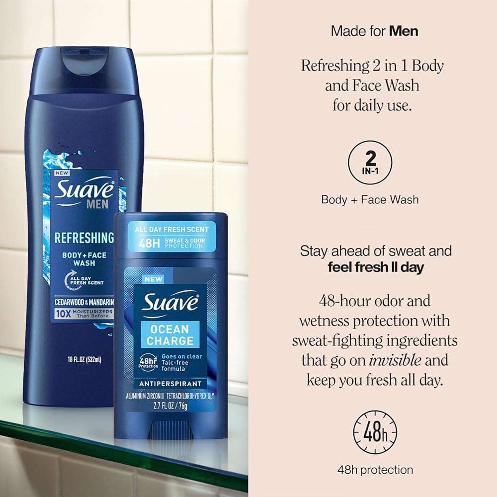 Suave Men’s Body Wash, Refresh + Invisible Solid Ocean Charge Antiperspirant Deodorant Stick, 48H Sweat & Odor Protection (2 Piece Set) - Image 2