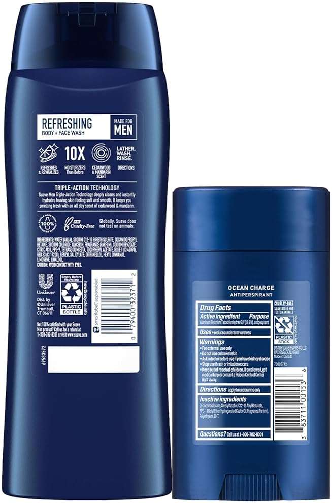Suave Men’s Body Wash, Refresh + Invisible Solid Ocean Charge Antiperspirant Deodorant Stick, 48H Sweat & Odor Protection (2 Piece Set) - Image 7