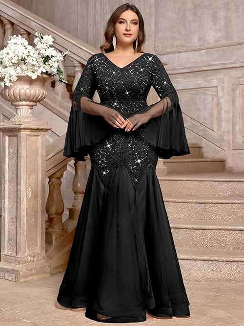 MISSMAY Women's Plus Size Sequins Lace V Neck Sheer Long Sleeves Tulle Mermaid Hem Evening Dresses - Image 3