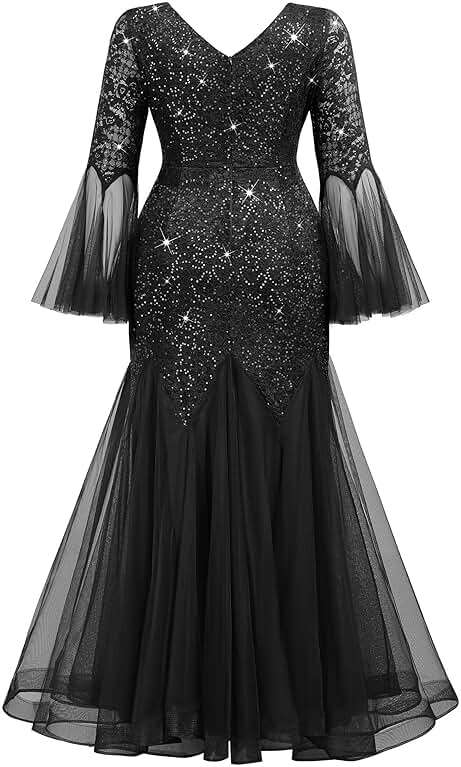 MISSMAY Women's Plus Size Sequins Lace V Neck Sheer Long Sleeves Tulle Mermaid Hem Evening Dresses - Image 6