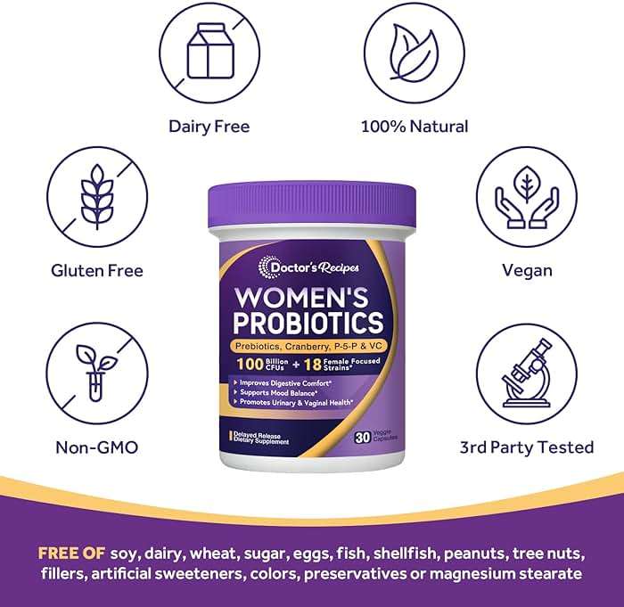 Doctor's Recipes Probiotics for Women, 100 Billion CFU, 18 Probiotic Strains, Prebiotics, Cranberry, P-5-P & VC, Vaginal, Digestive & Immune Support, Shelf-Stable, 30 Vegan Caps - Image 5