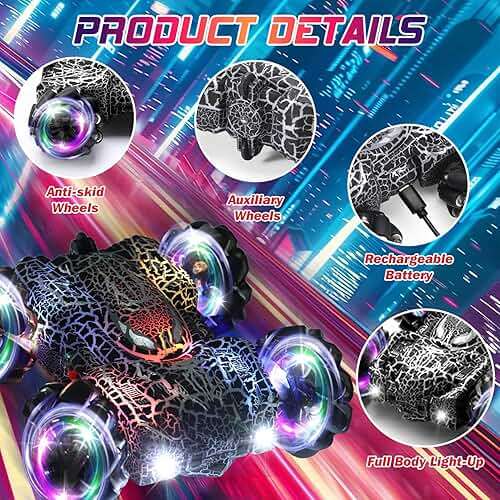 Hand Controlled Remote Control Car, 2.4Ghz Gesture Sensing RC Stunt Car with Wholebody Light & Headlight, Rechargeable 360° Rotating Double Sided RC Cars Black Spider Toys for Boys 4-6 5-7 8-12 - Image 2