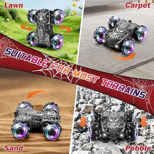 Hand Controlled Remote Control Car, 2.4Ghz Gesture Sensing RC Stunt Car with Wholebody Light & Headlight, Rechargeable 360° Rotating Double Sided RC Cars Black Spider Toys for Boys 4-6 5-7 8-12 - Image 3