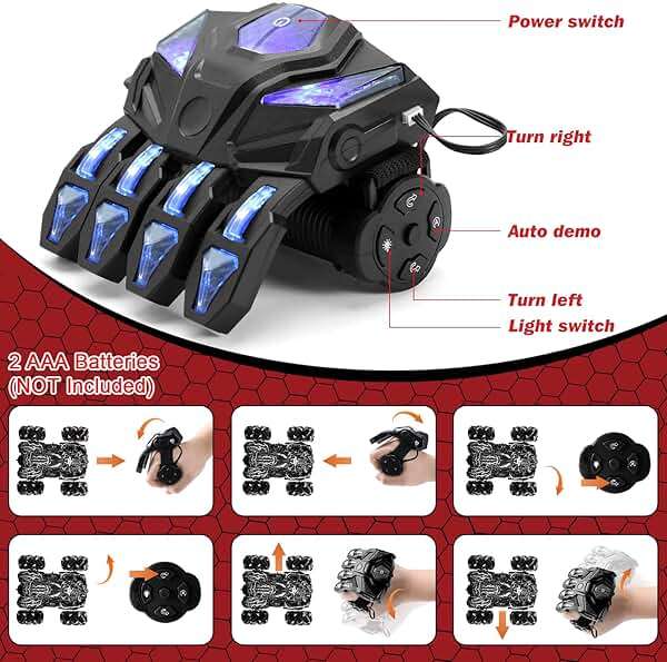 Hand Controlled Remote Control Car, 2.4Ghz Gesture Sensing RC Stunt Car with Wholebody Light & Headlight, Rechargeable 360° Rotating Double Sided RC Cars Black Spider Toys for Boys 4-6 5-7 8-12 - Image 4