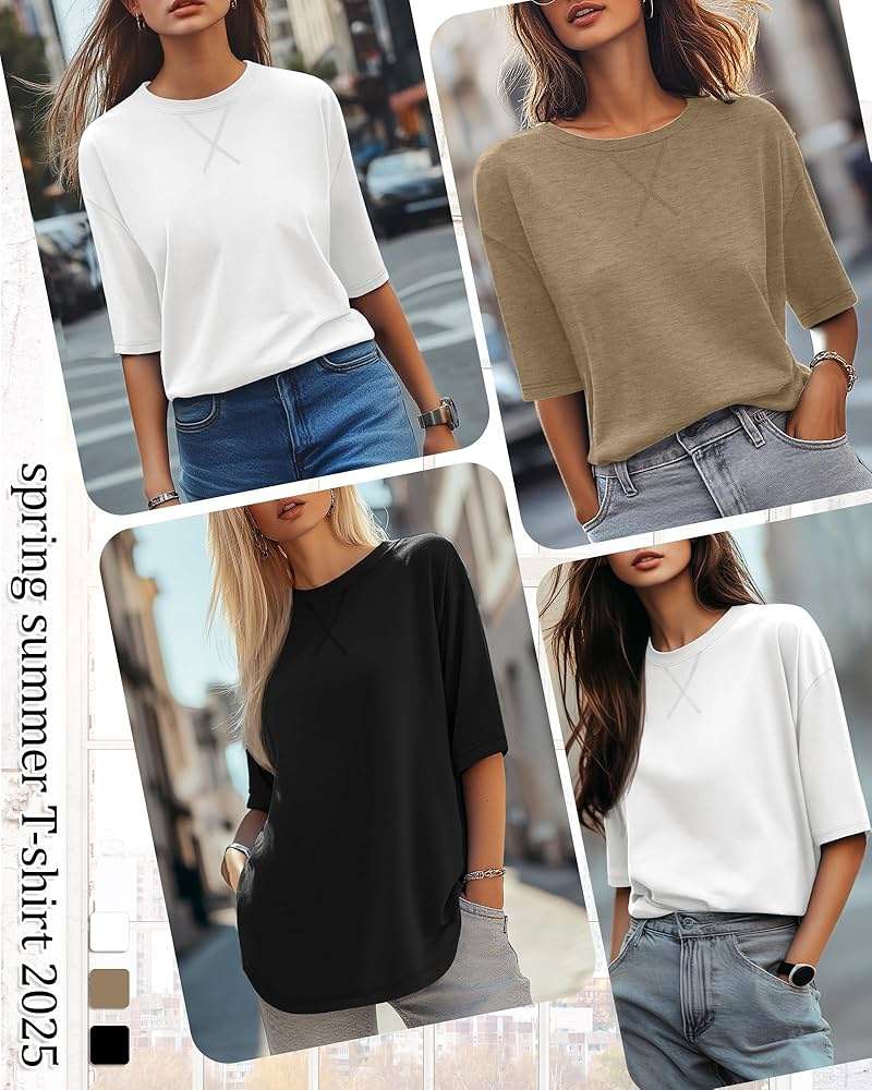 Riyiper 3 Pack Elbow Length Tee Shirts for Women 3/4 Sleeve Tunic Tops Round Neck Curved Hem Leggings Blouse - Image 2